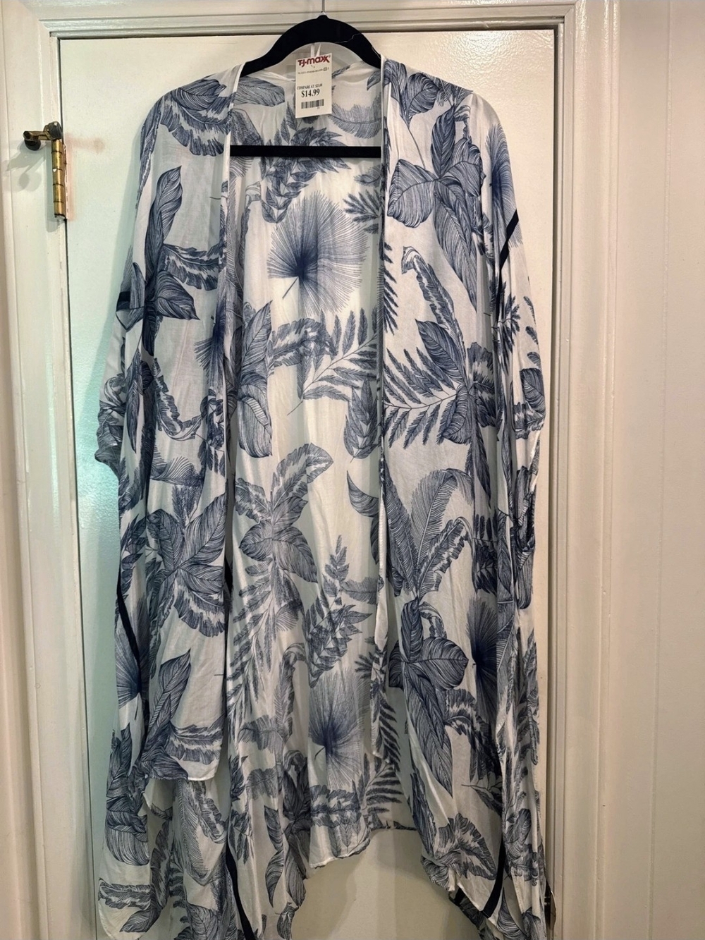 White and Blue Tropical Leaf Open Kimono